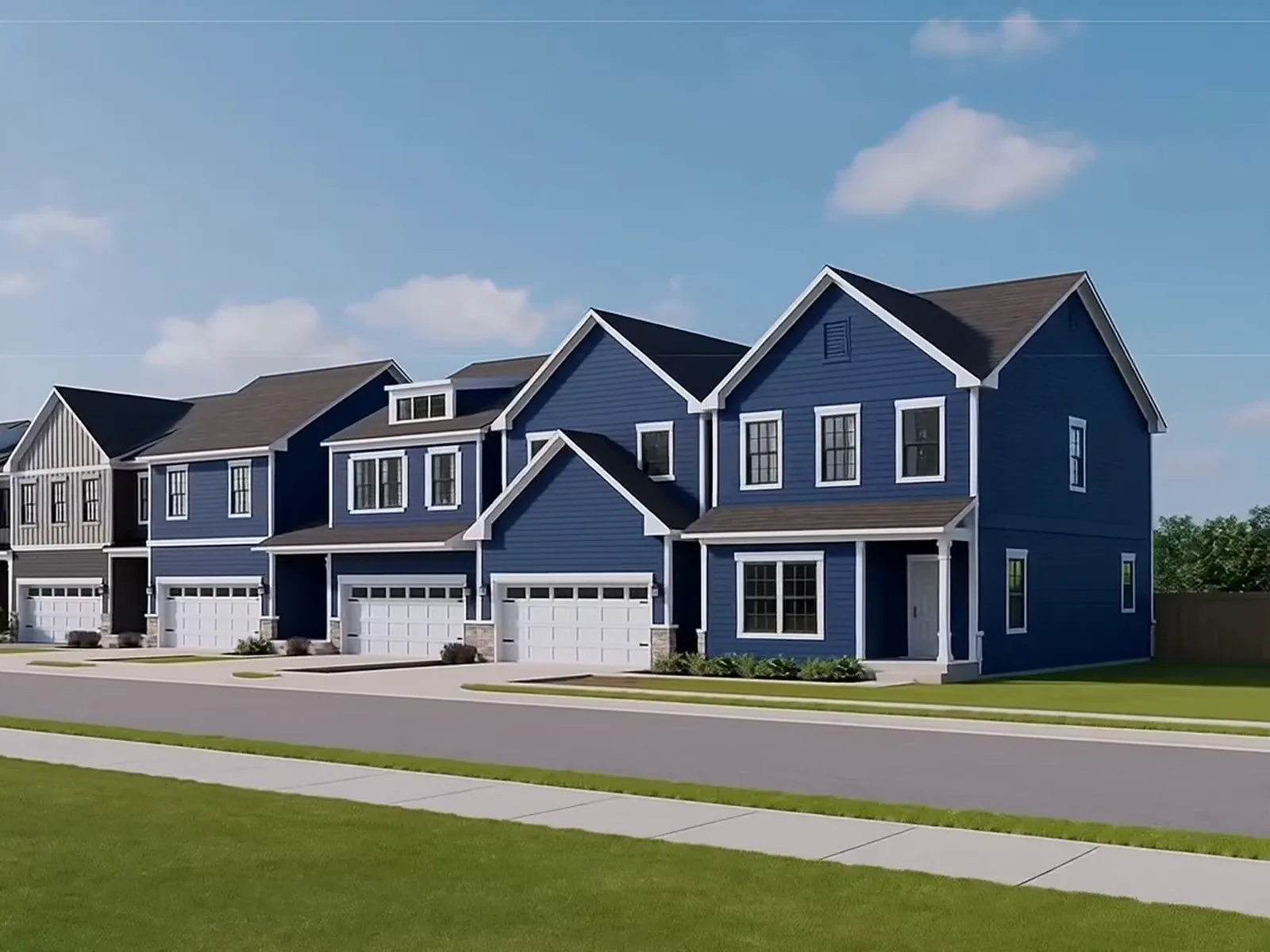 Rendering of a completed townhome street in BayfordBridge blue